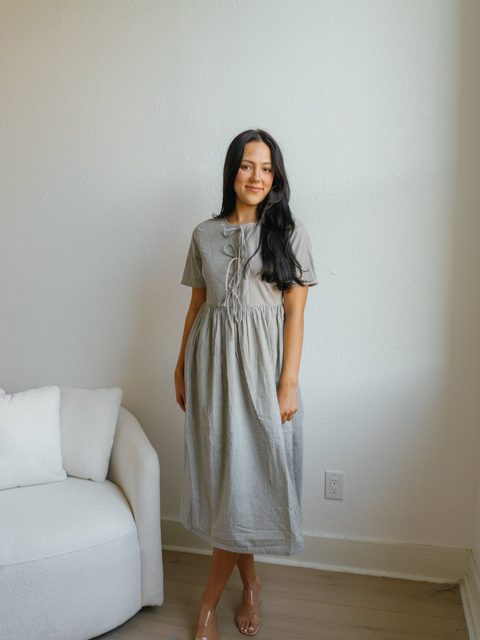 Lyons Midi Dress in White with Navy Print