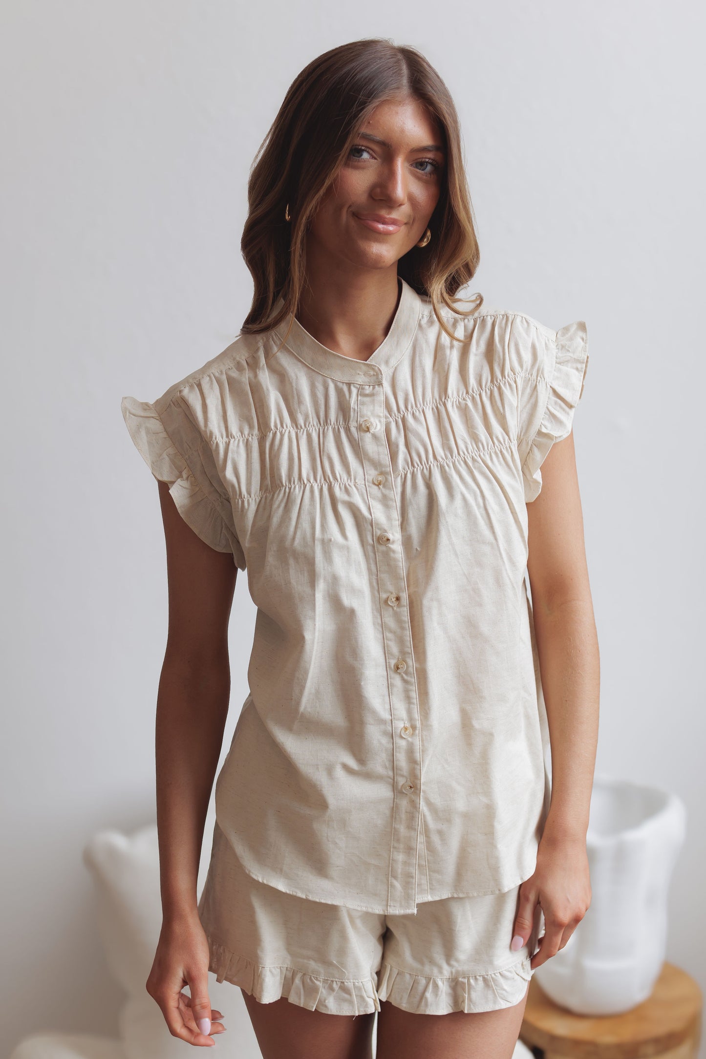 Maddie Ruffle Shorts-Oatmeal