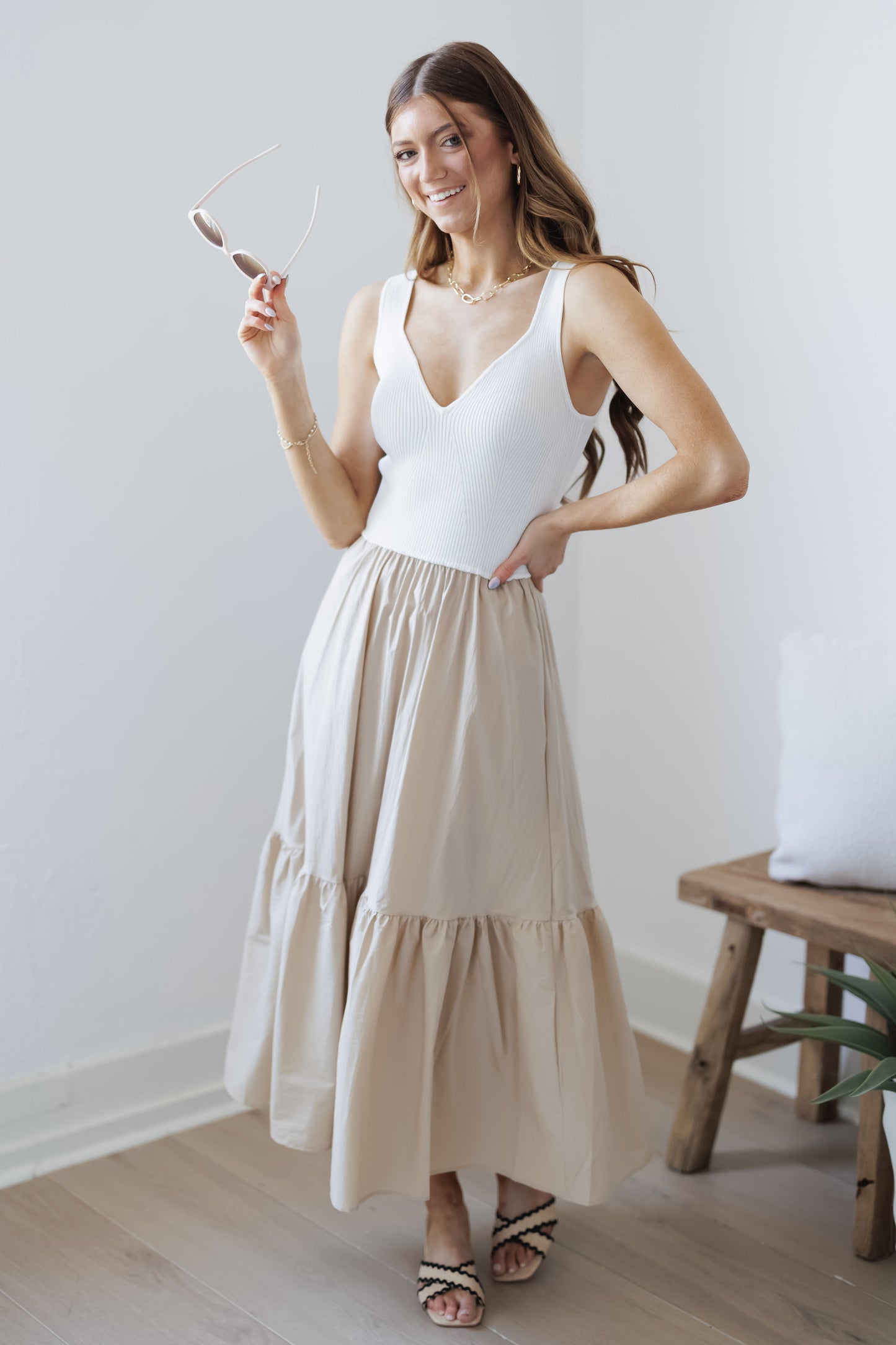 Abigail Dress-Sand/White
