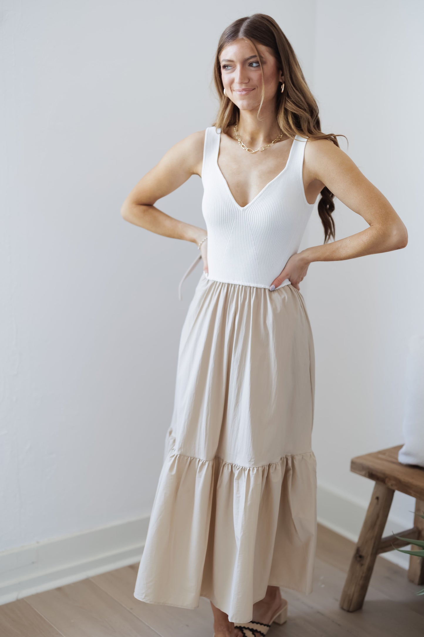 Abigail Dress-Sand/White