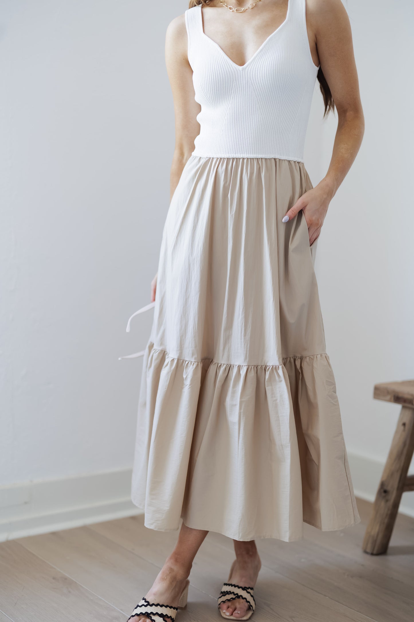 Abigail Dress-Sand/White
