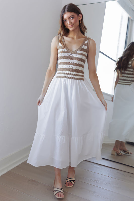 Mellow Mood Midi Dress-Tan/White
