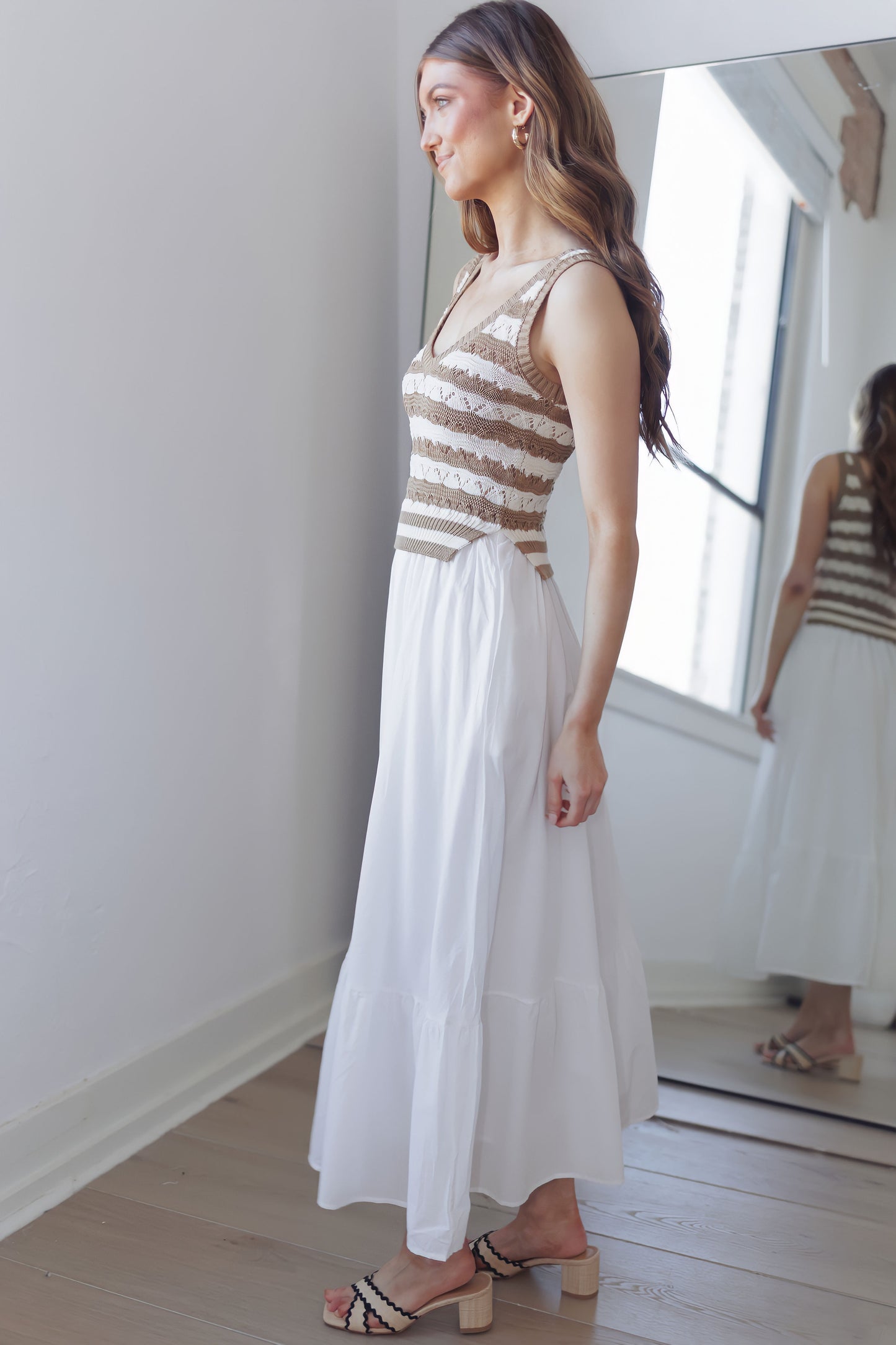 Mellow Mood Midi Dress-Tan/White